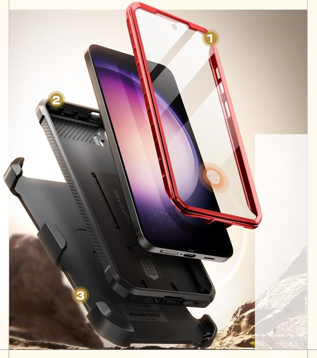 Etui pancerne z osłoną na ekran, z wbudowaną podstawką i kaburą z klipsem obrotowym Supcase Unicorn Beetle Pro do Galaxy S24, czerwone